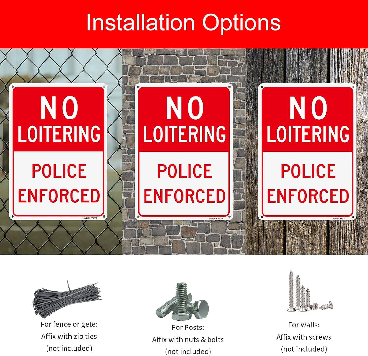 No Loitering Sign, 2 Pack 10” X 7” No Loitering Police Enforced Aluminum Signs