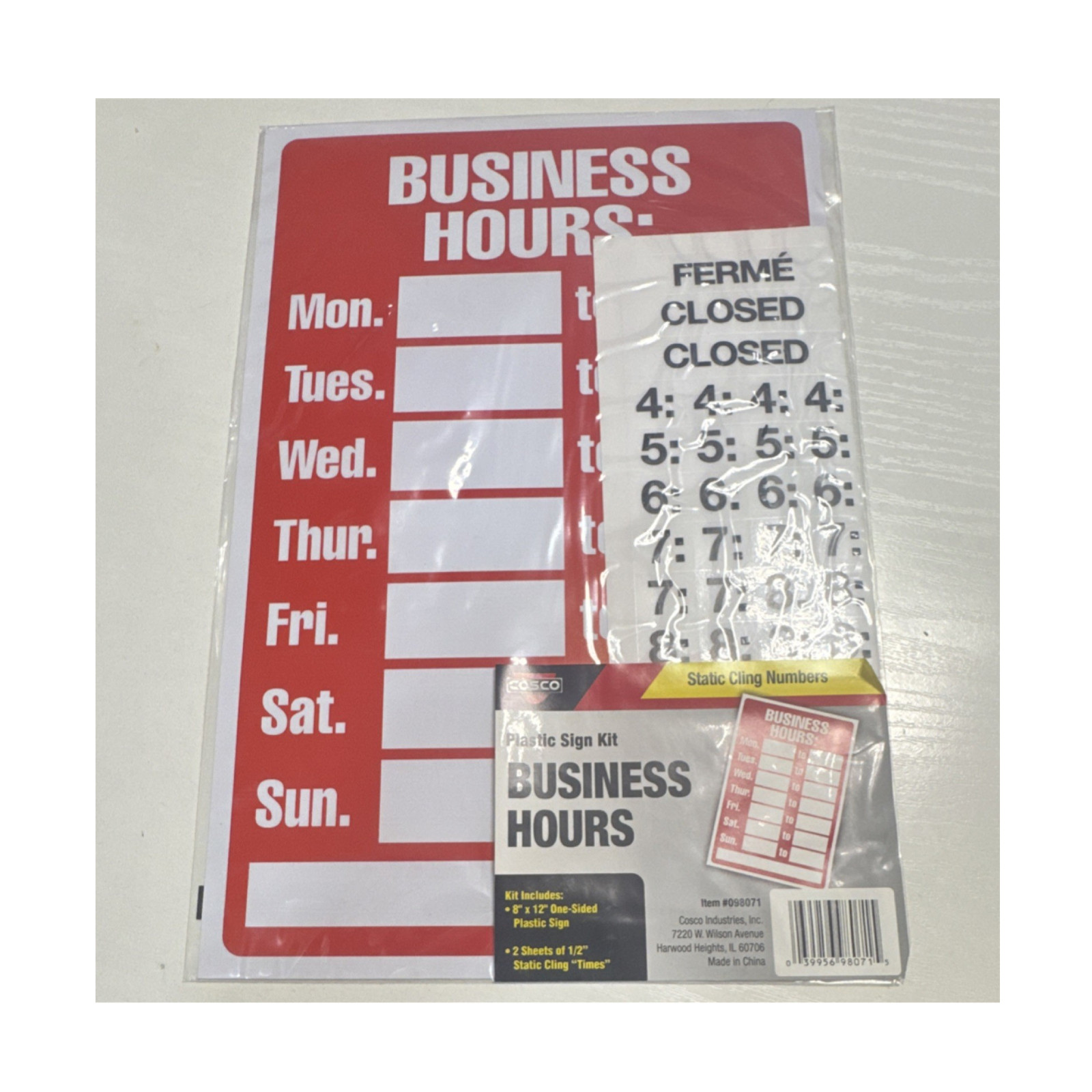 Cosco Plastic Business Hours Door Sign Kit Red White Static Cling Numbers 12×8″