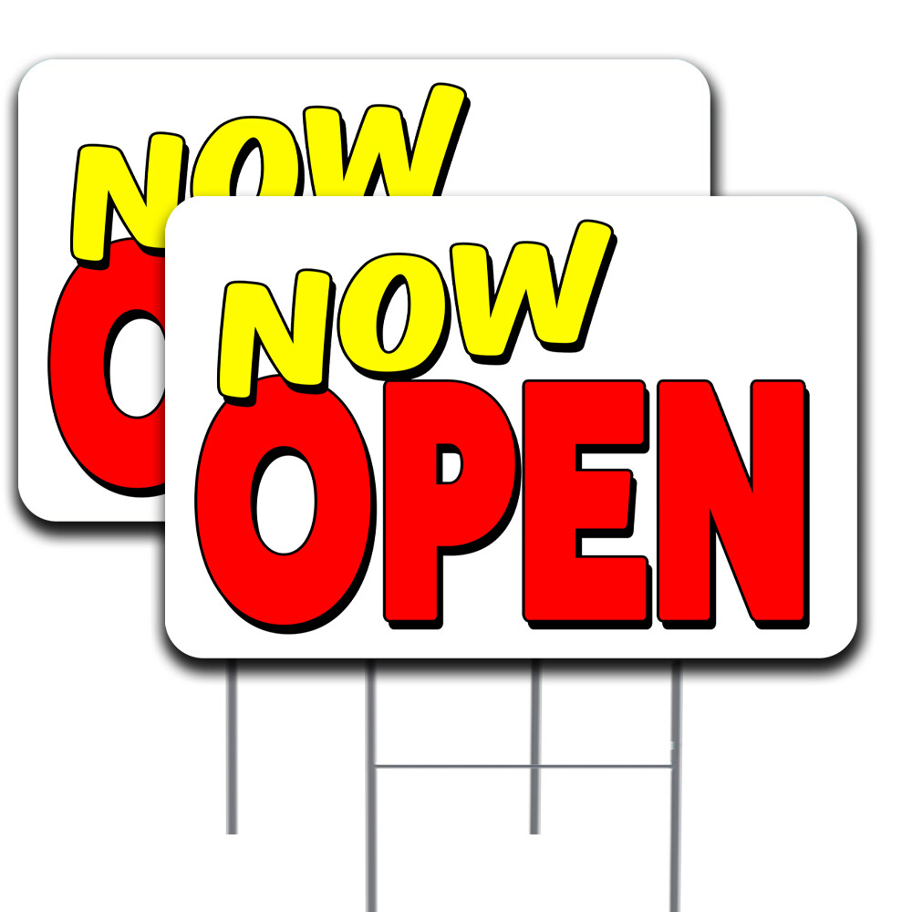 NOW OPEN 2 Pack Double-Sided Yard Signs 16″ x 24″ with Metal Stakes (Made in Tex