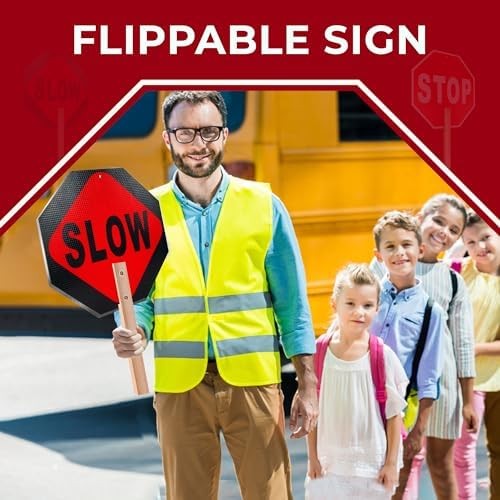 Handheld Stop Slow Signs with Wooden Handle – 12″ x 12″ Double-sided Crossing…