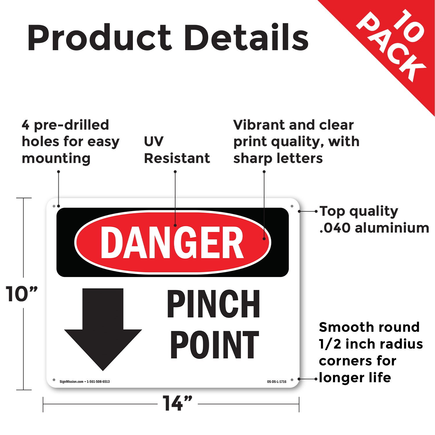 Pinch Point OSHA Danger Sign Metal, Plastic, Or Decal – 5 or 10 Pack