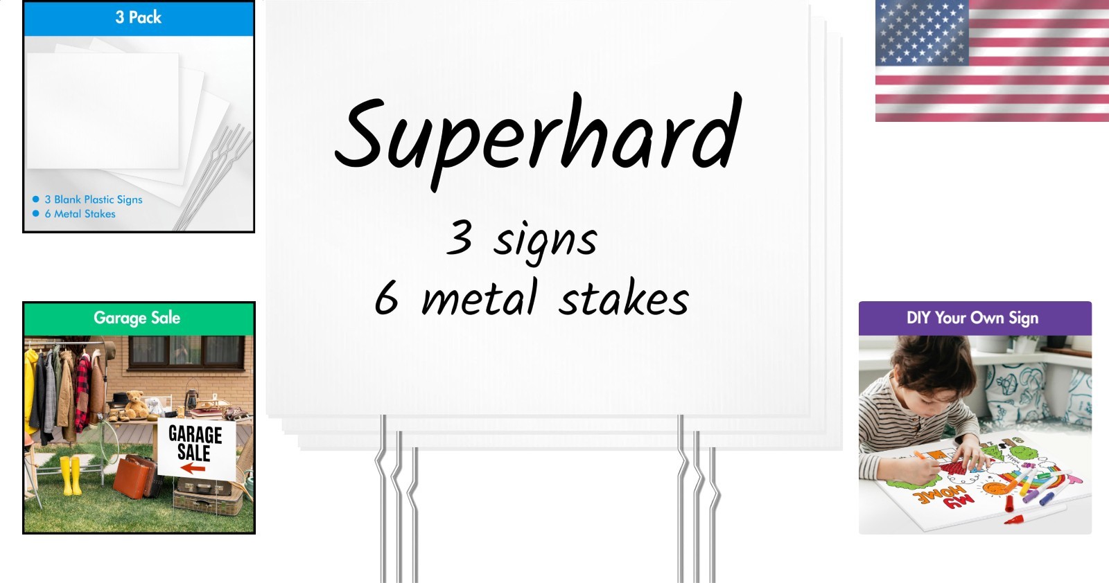 Customizable Blank Yard Signs 3 Pack, Durable Plastic Outdoor Boards w/ Stakes