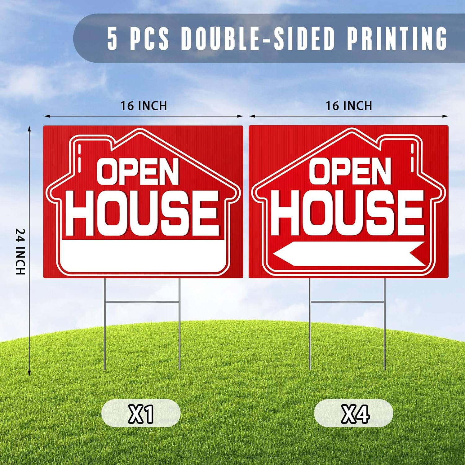 Open House Signs (5 Pack), 16″ X 12″ Double-Sided Yard Sign with Metal H Stakes,