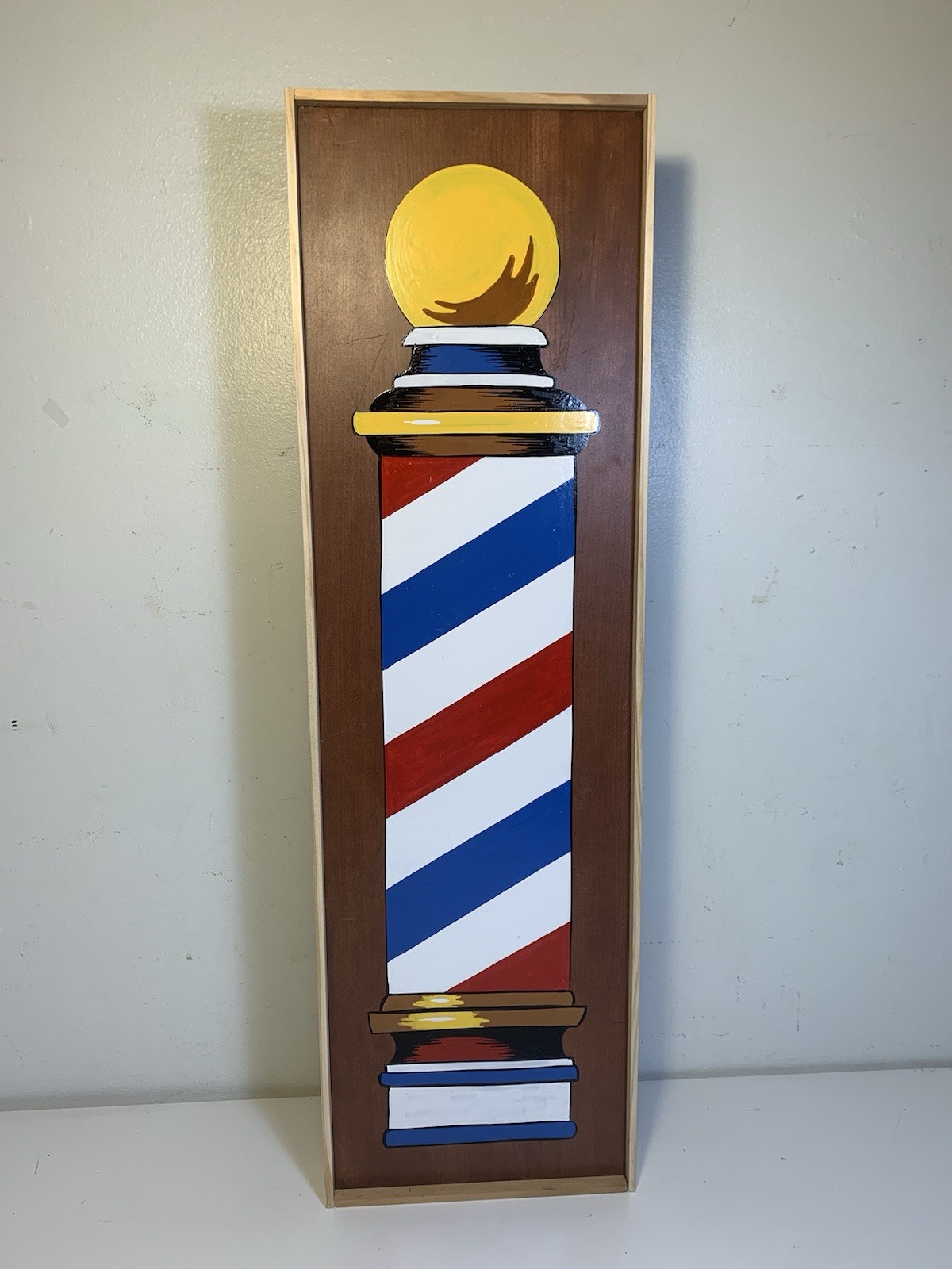 Original Framed Painting of Vintage Antique Barber Pole Hand Painted Shop Sign