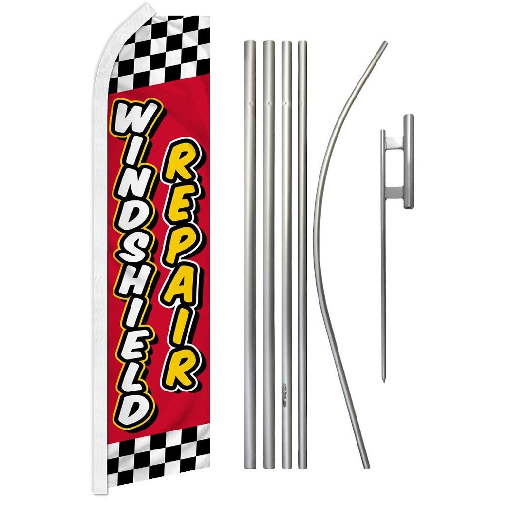 Windshield Repair (Red Checkered) Swooper Advertising Flag & Pole Kit