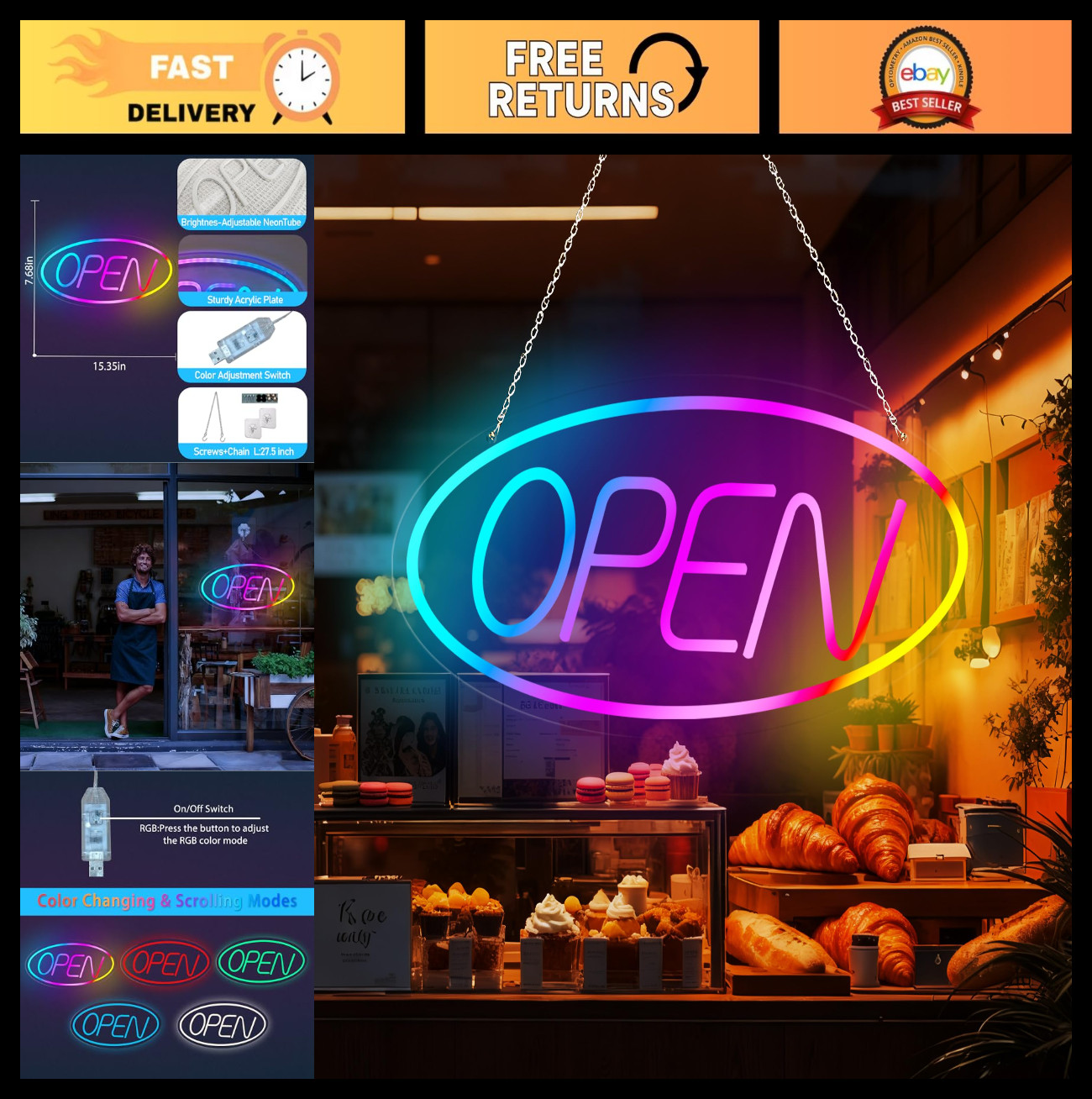 Dimmable LED Neon Open Sign – 16.5″x9″ Ultra Bright Light for Storefront, Bar, C