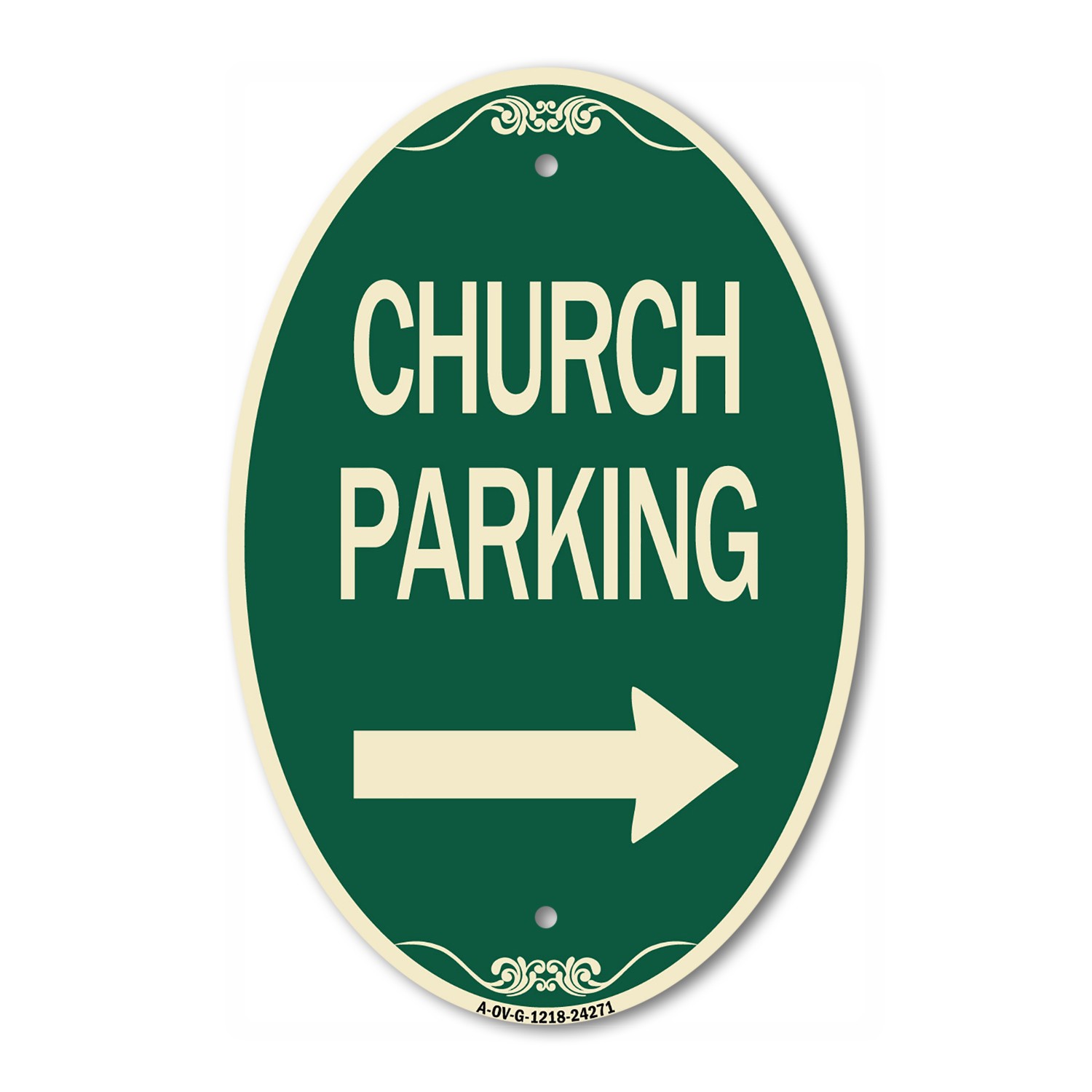 Church Parking (With Right Arrow) | Green & Tan Aluminum Oval Architectural Sign