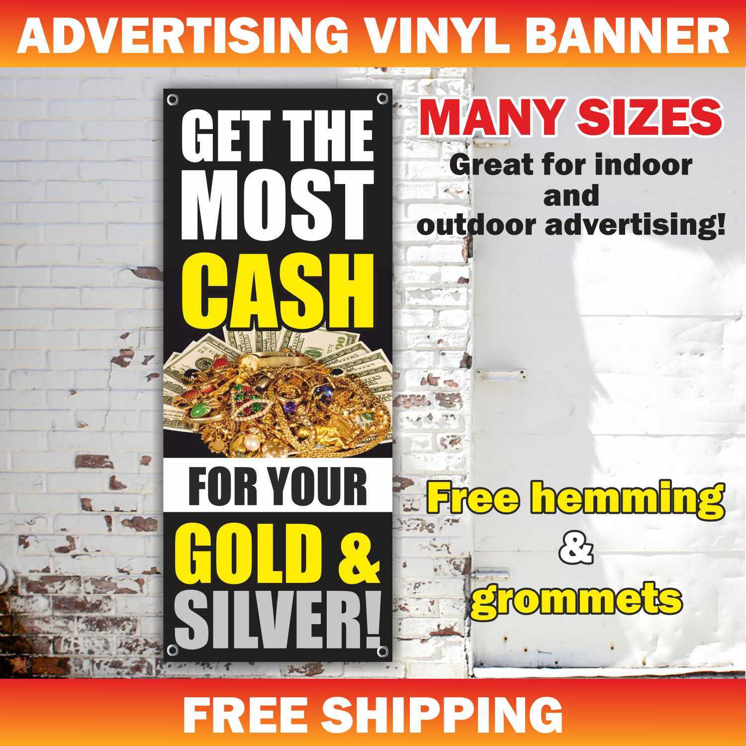 GET THE MOST CASH Advertising Banner Vinyl Mesh Sign SILVER GOLD PAWN JEWELRY