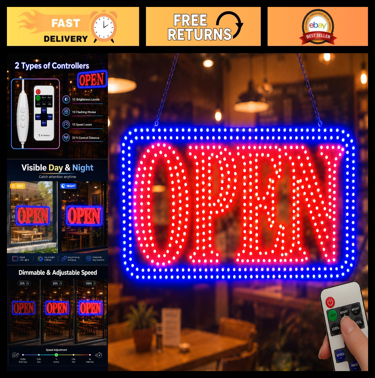 Bright LED Open Sign for Business – Remote Control, 10 Modes, 16.5″x9″ – Shop, B