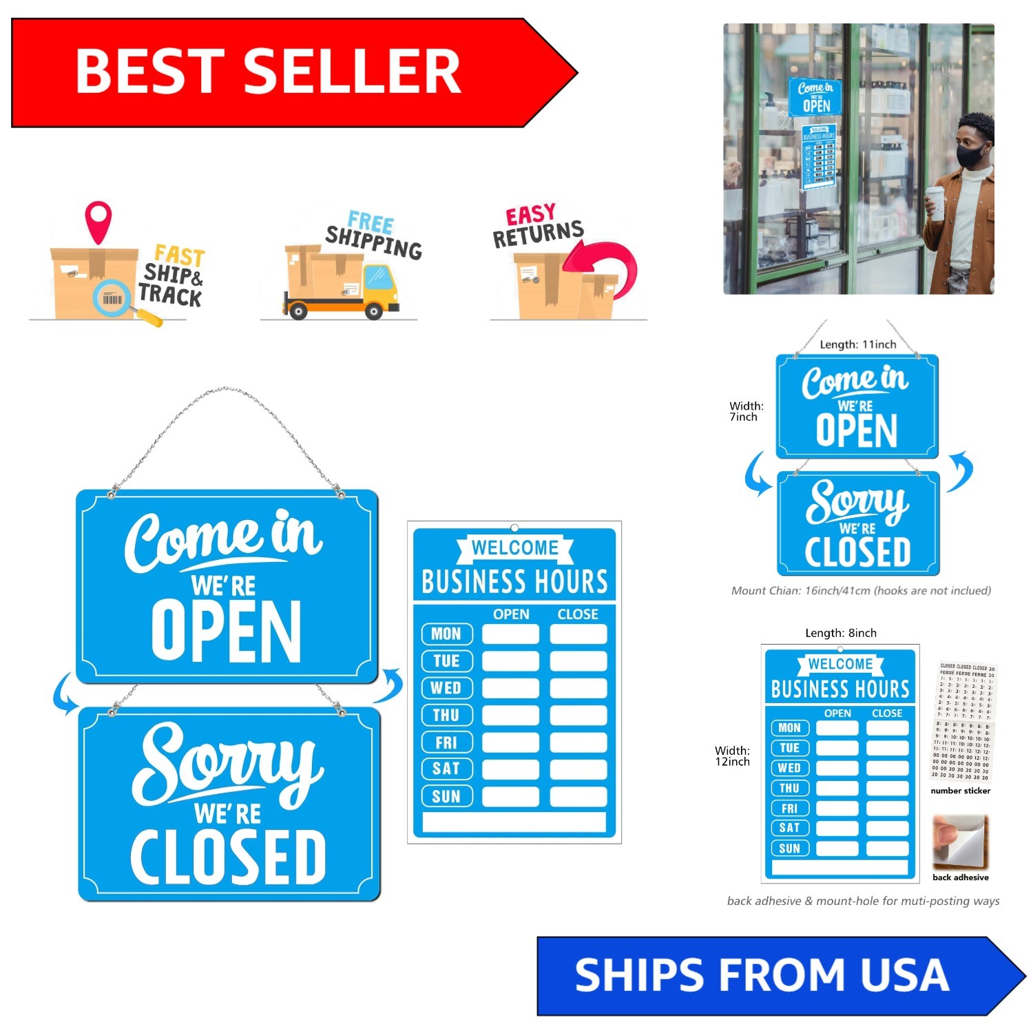 3-Piece Open Closed Sign Set with Business Hours Stickers – Durable & Stylish