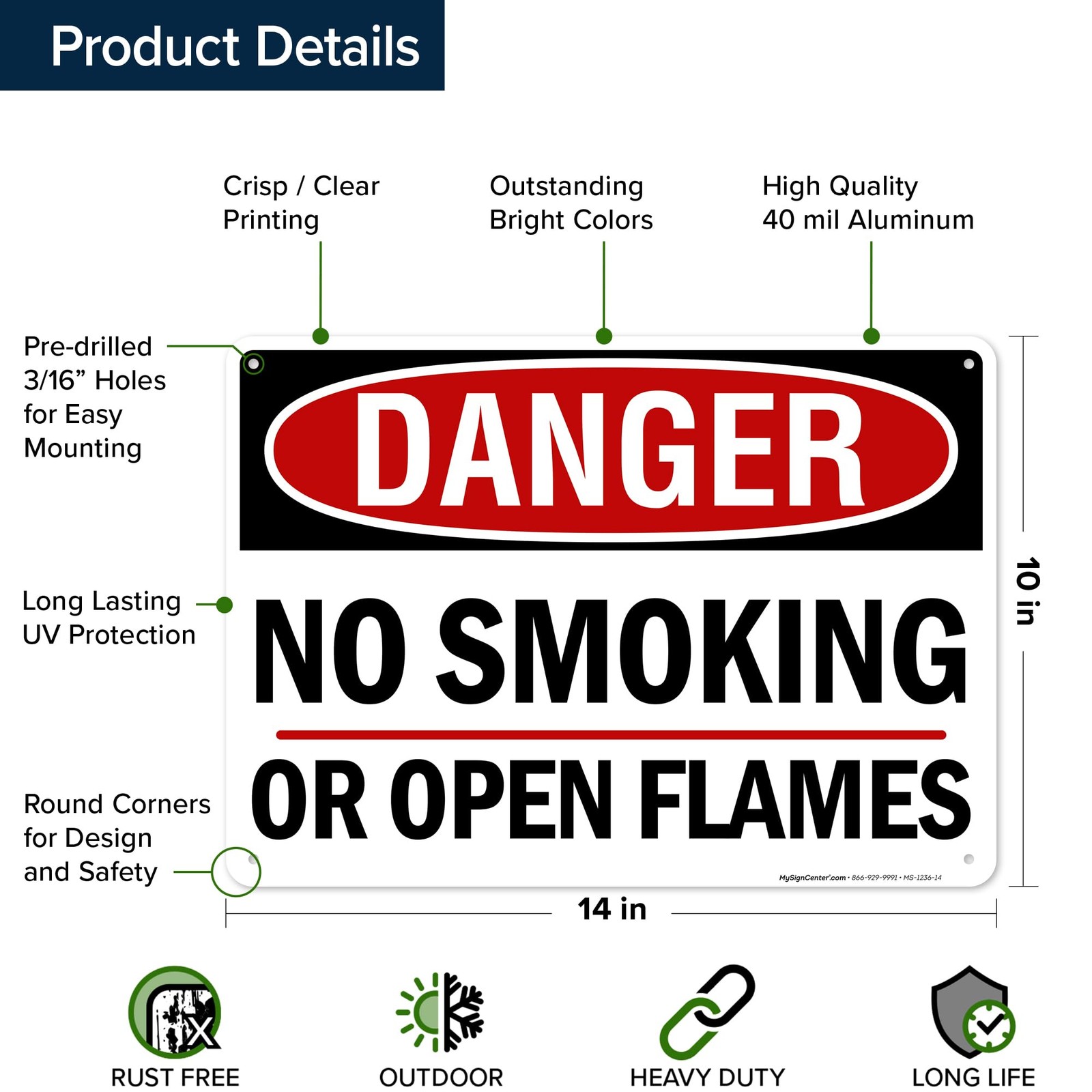 Danger No Smoking or Open Flames Sign, 10×14 Inches, Rust Free .040 Aluminum,…