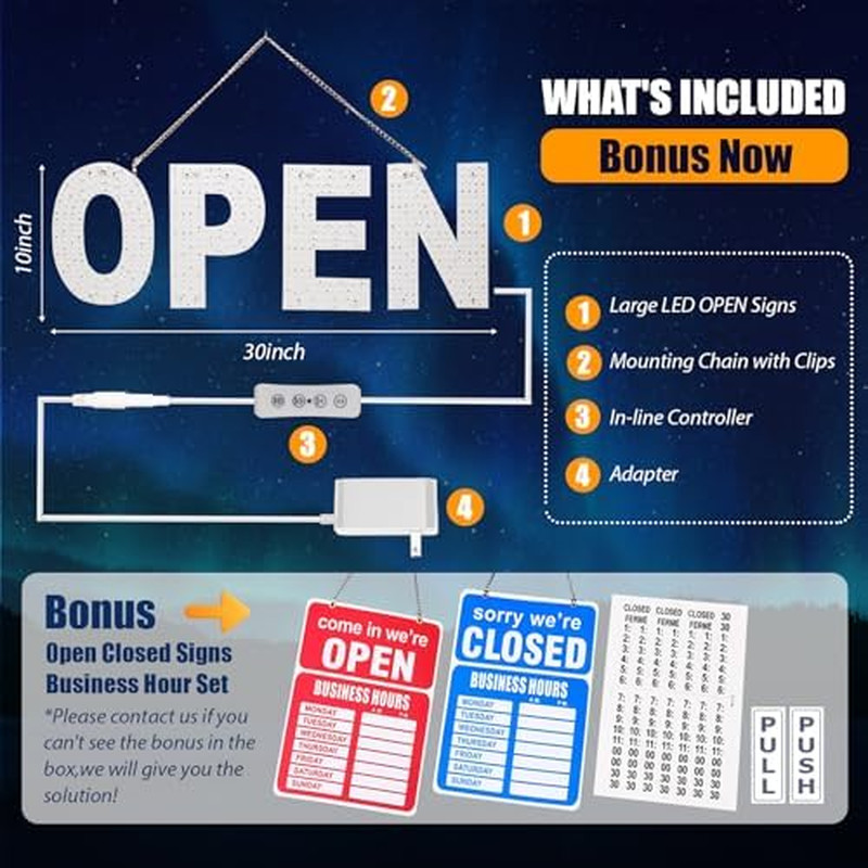 LED Open Signs for Business, Thirdpolite 30X10 Inches Large Dimmable 3-Mode Open