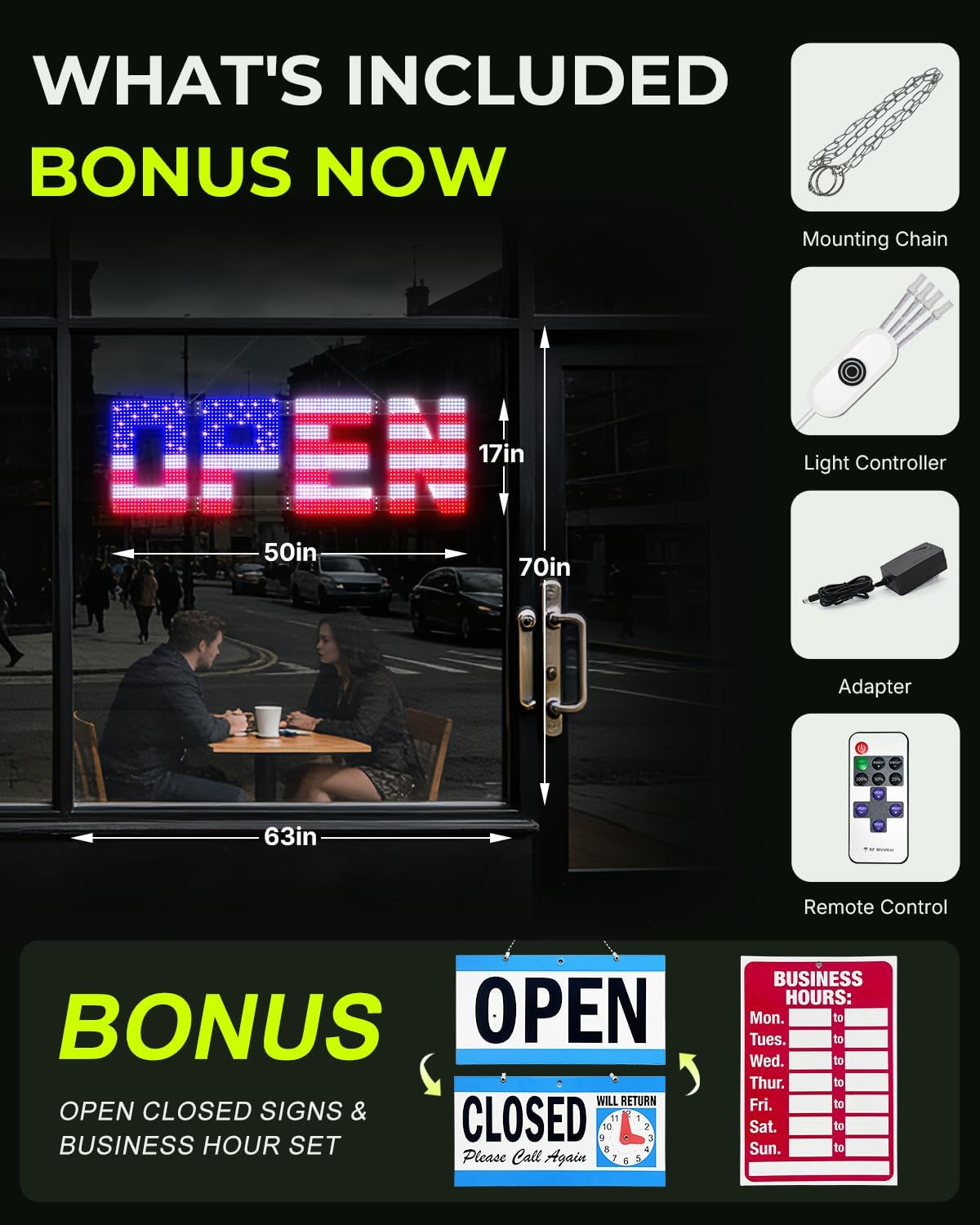 Large 50″ LED Open Sign with Remote & Bluetooth – Super Bright & Dimmable