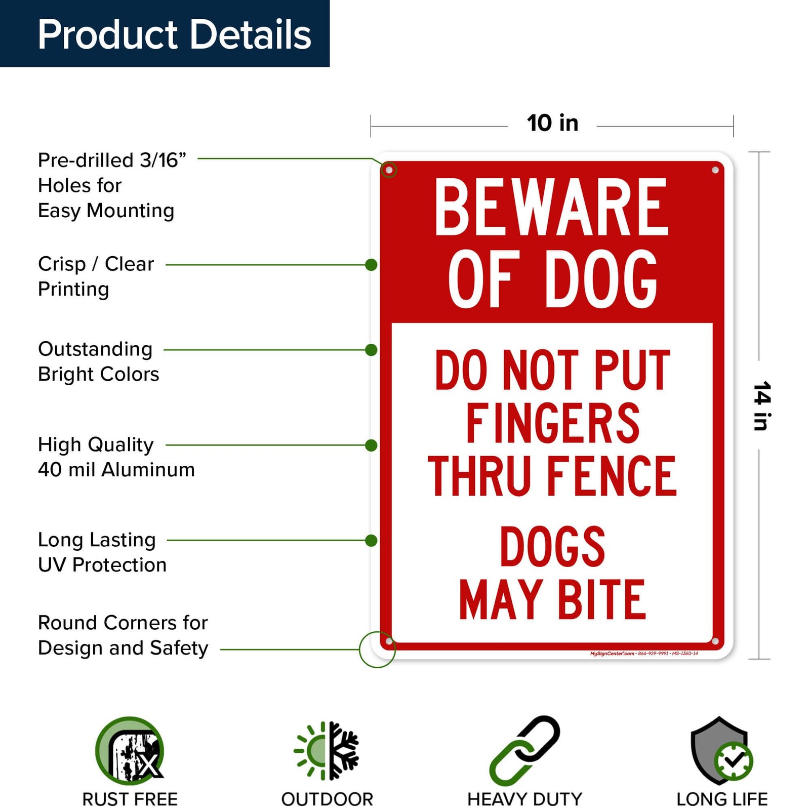 Beware Dog, Do Not Put Fingers Thru Fence, Dogs May Bite Sign, 10×14 Inches