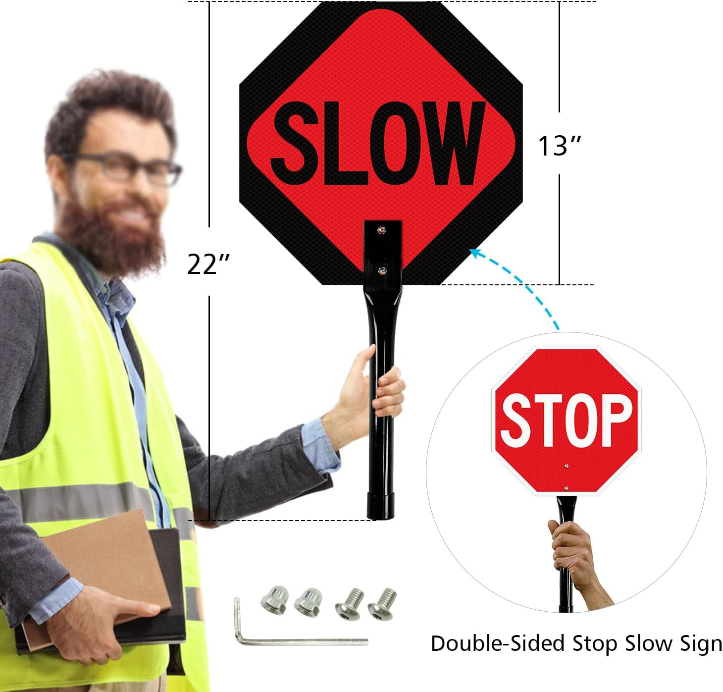 Stop Slow Sign with Metal Handle, 13×13 inches Double Sided Slow/Stop sign, T…