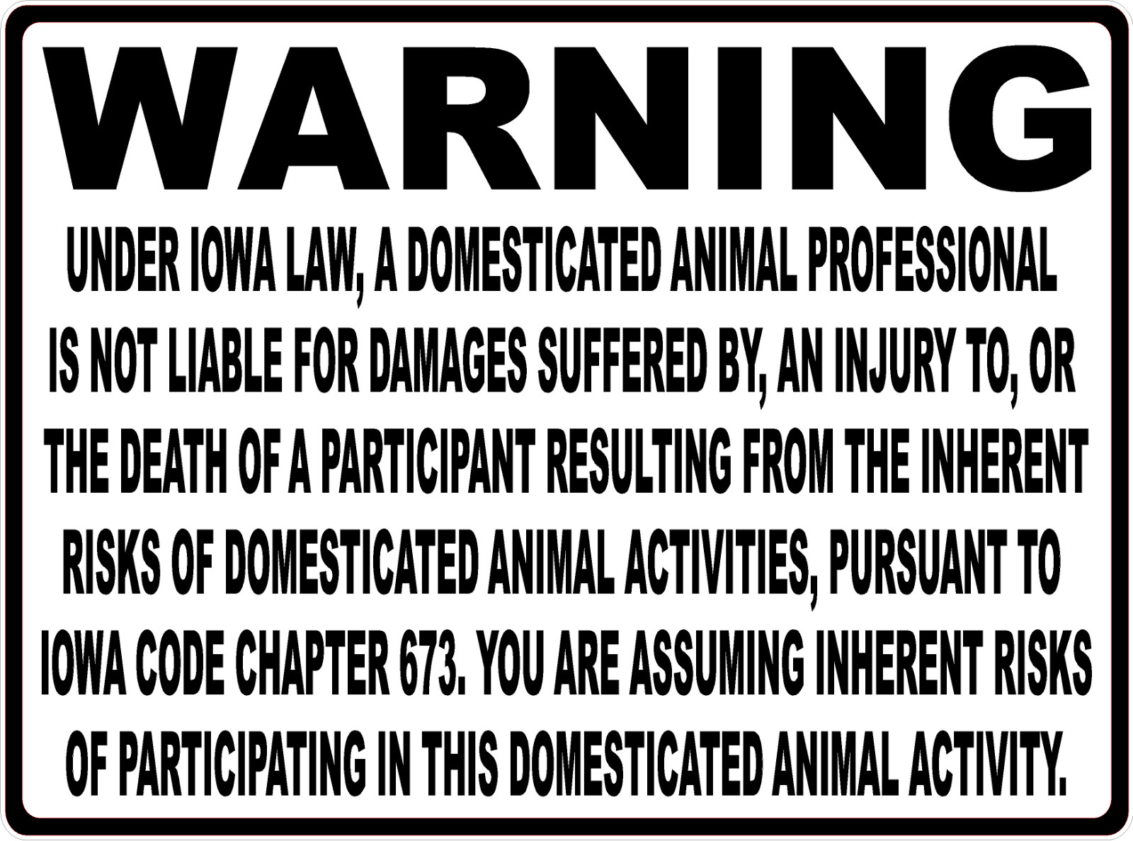 Iowa Equine Liability Law Sign. Horse Facility Laws Rules Ranch Coral