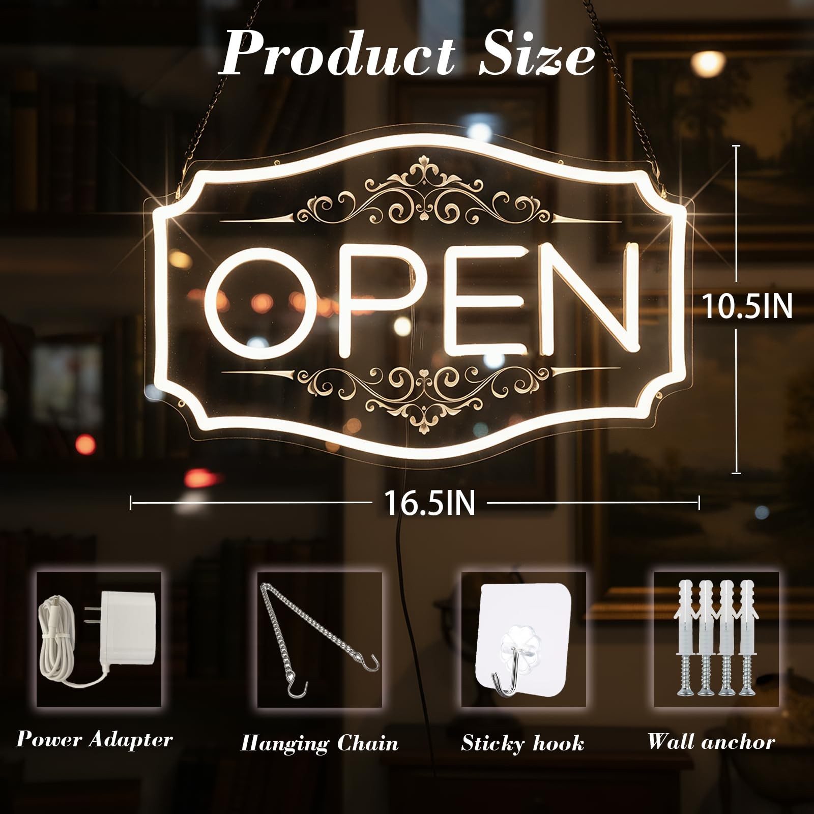 Open Sign for Business, LED Dimmable Neon with 12V/2A Adapter 16.5″ x 10.5″