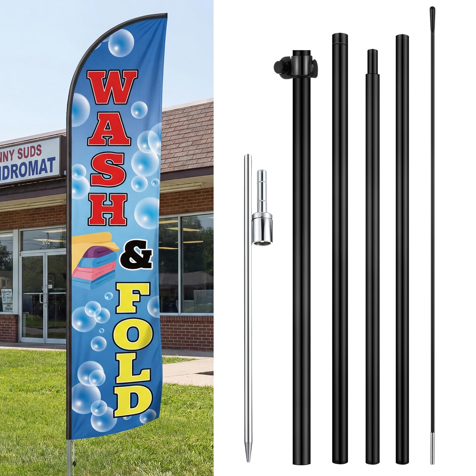 Tudomro 15 FT Wash & Fold Windless Feather Flag Kit – Laundromat Dry Cleaner …