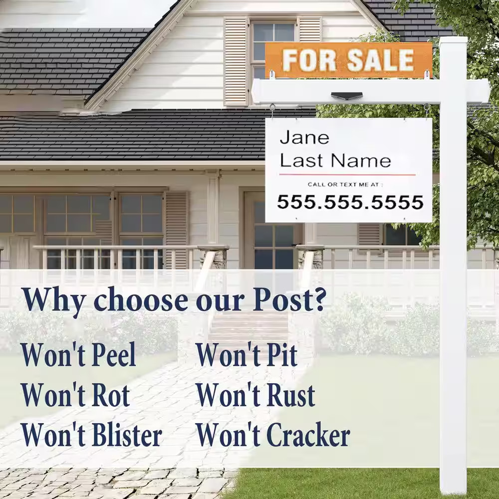 Solar Real Estate Sign Post with 2-LED Lights Adjustable PVC Yard Sign and Metal
