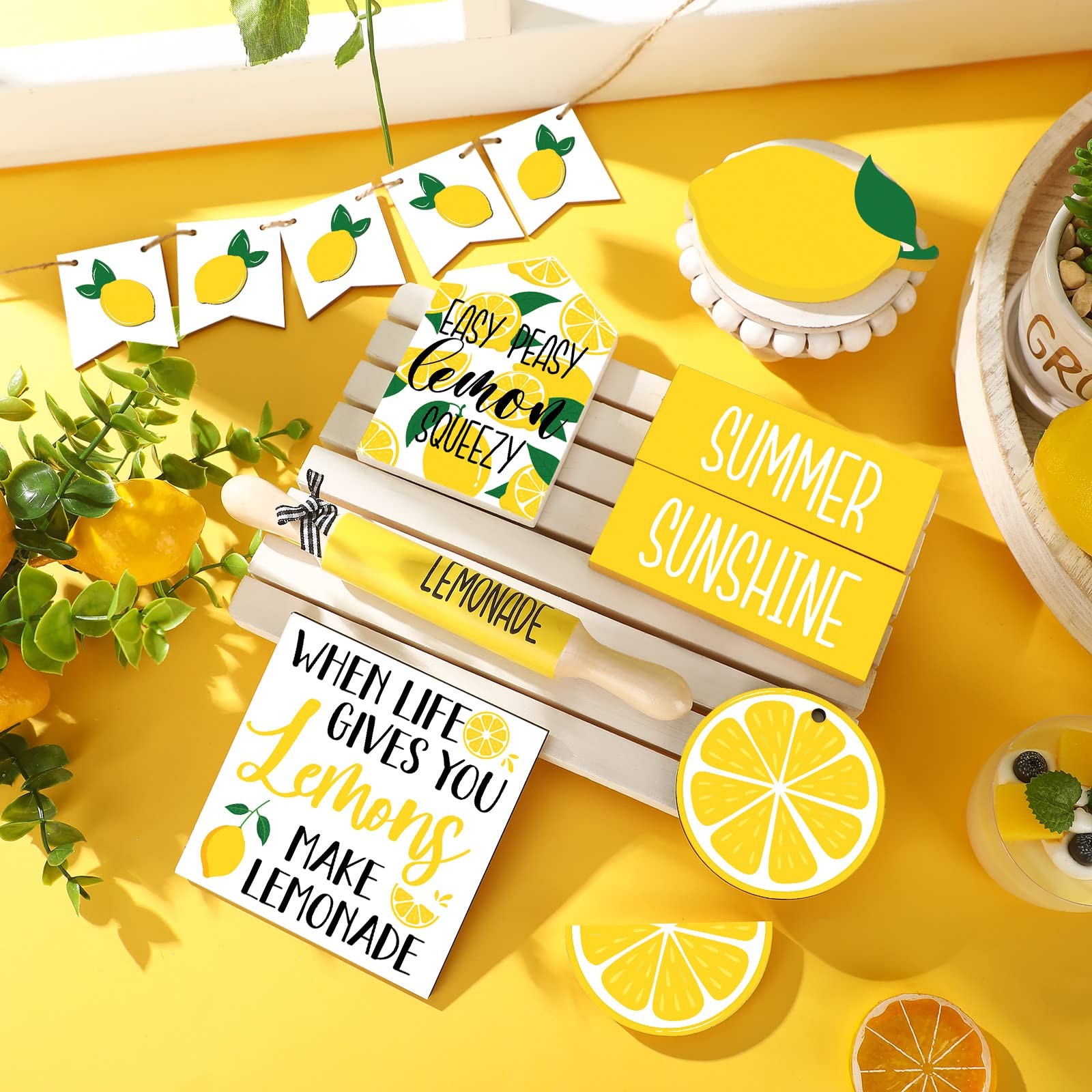 14 Pcs Summer Lemon Tiered Tray Decor Set Summer Table Decoration Lemonade Wo…