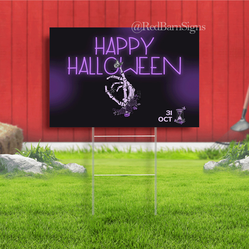 Happy Halloween skeleton hands butterfly yard sign