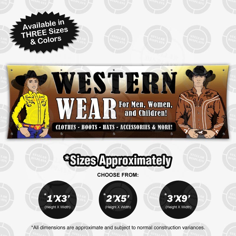 WESTERN WEAR Banner Clothing Sign Vinyl Apparel Display Leather Poster Store Hat