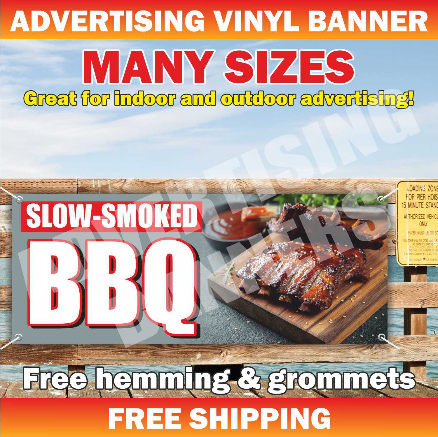 SLOW-SMOKED BBQ Advertising Banner Vinyl Mesh Sign Meat Ribs Burger Bar Food