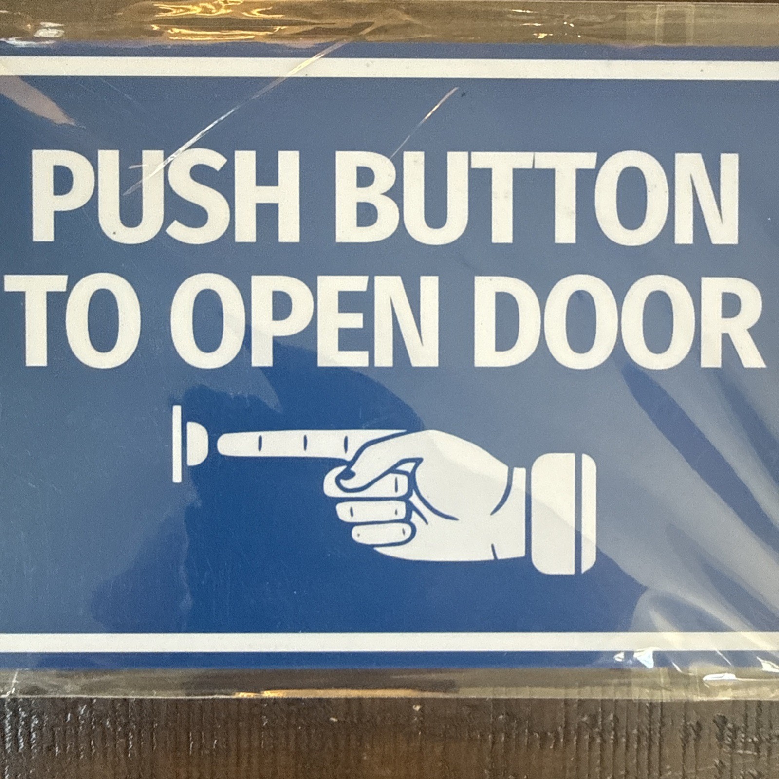 Classic Framed Push Button to Open Door Finger Pointing Left Sign Blue 4″ x 6″