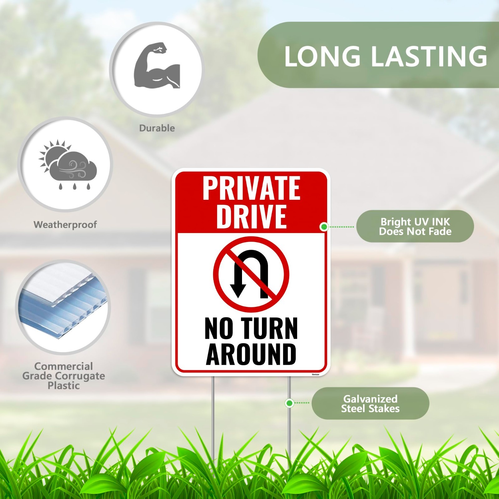 2PC Private Driveway Sign Set – No Turnaround, No Trespassing, Metal Stakes, 17″