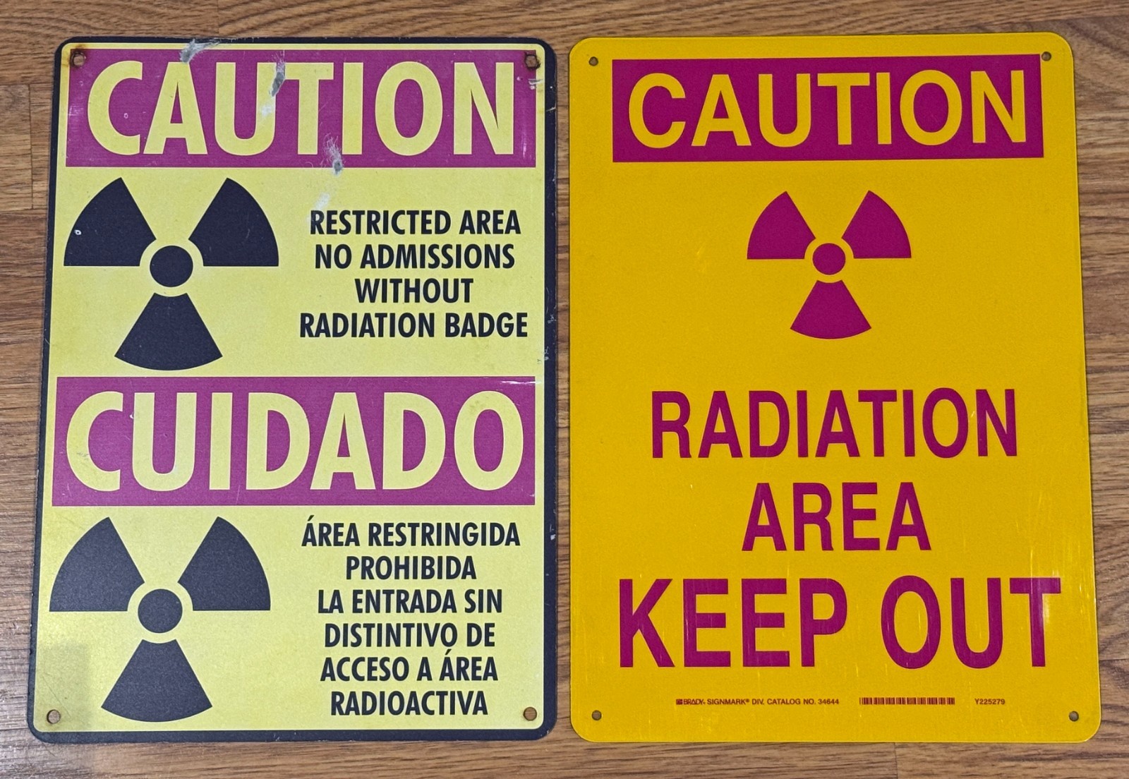 Vintage Aluminum CAUTION RADIATION Signs 14” x 10” One used Bilingual one new