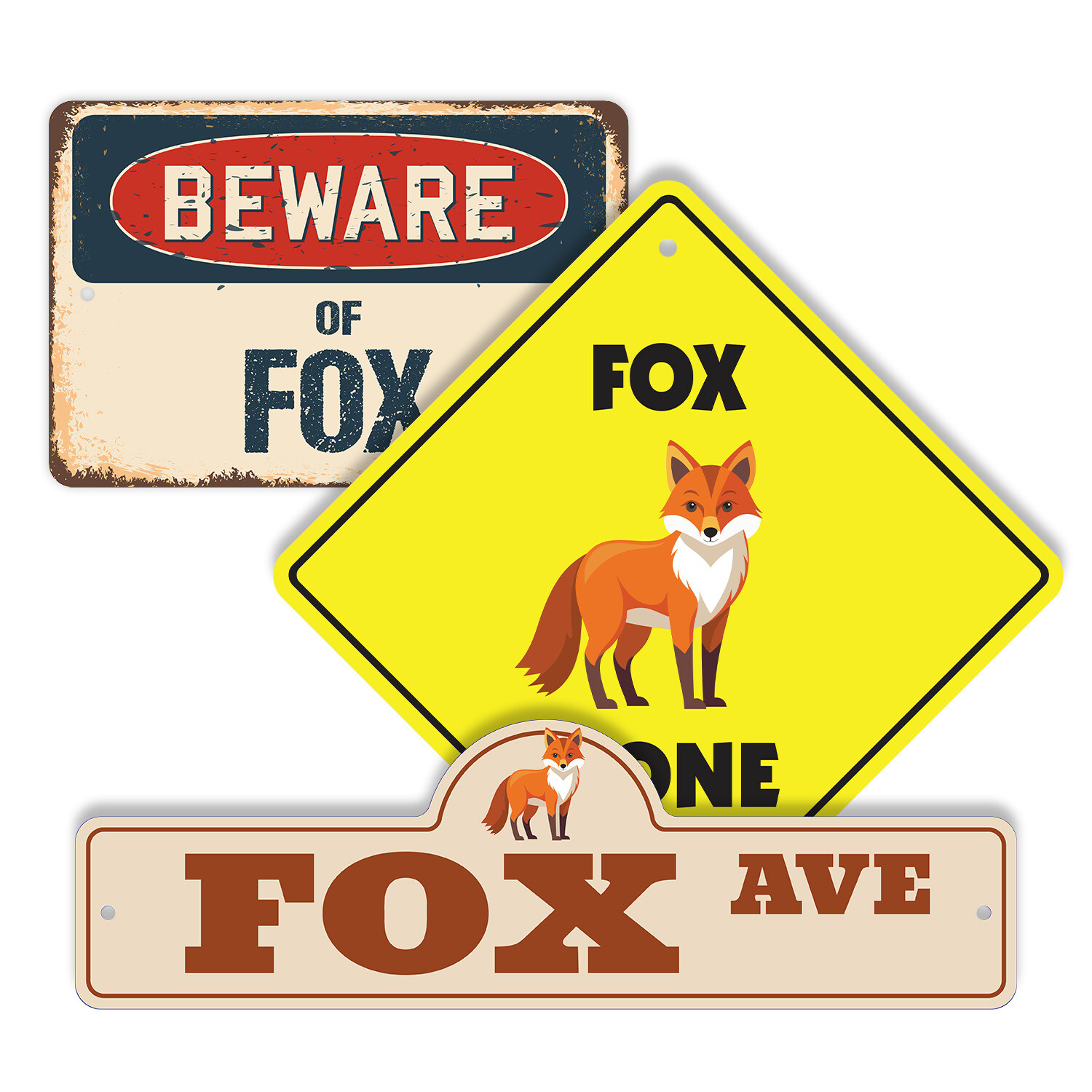 Fox (3 Pack) Plastic Street Sign Crossing Warning Vintage Rustic Beware