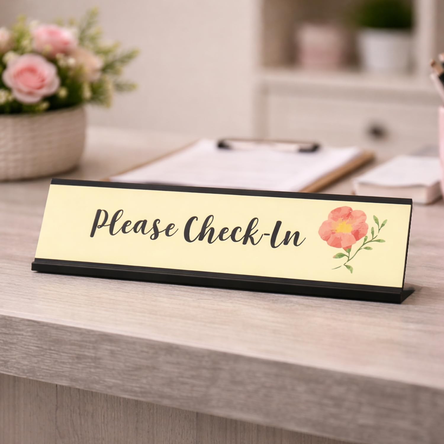 Please CheckIn Designer Desk Sign 2×8 Inch Office Counter Display Plaque
