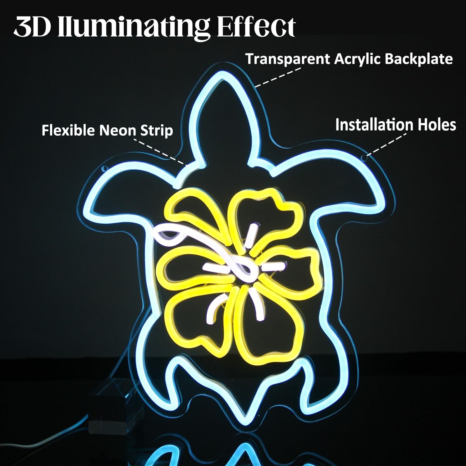 Sea Turtle Hibiscus Neon Signs for Wall Decor Blue Turtle Neon Light Yellow F…