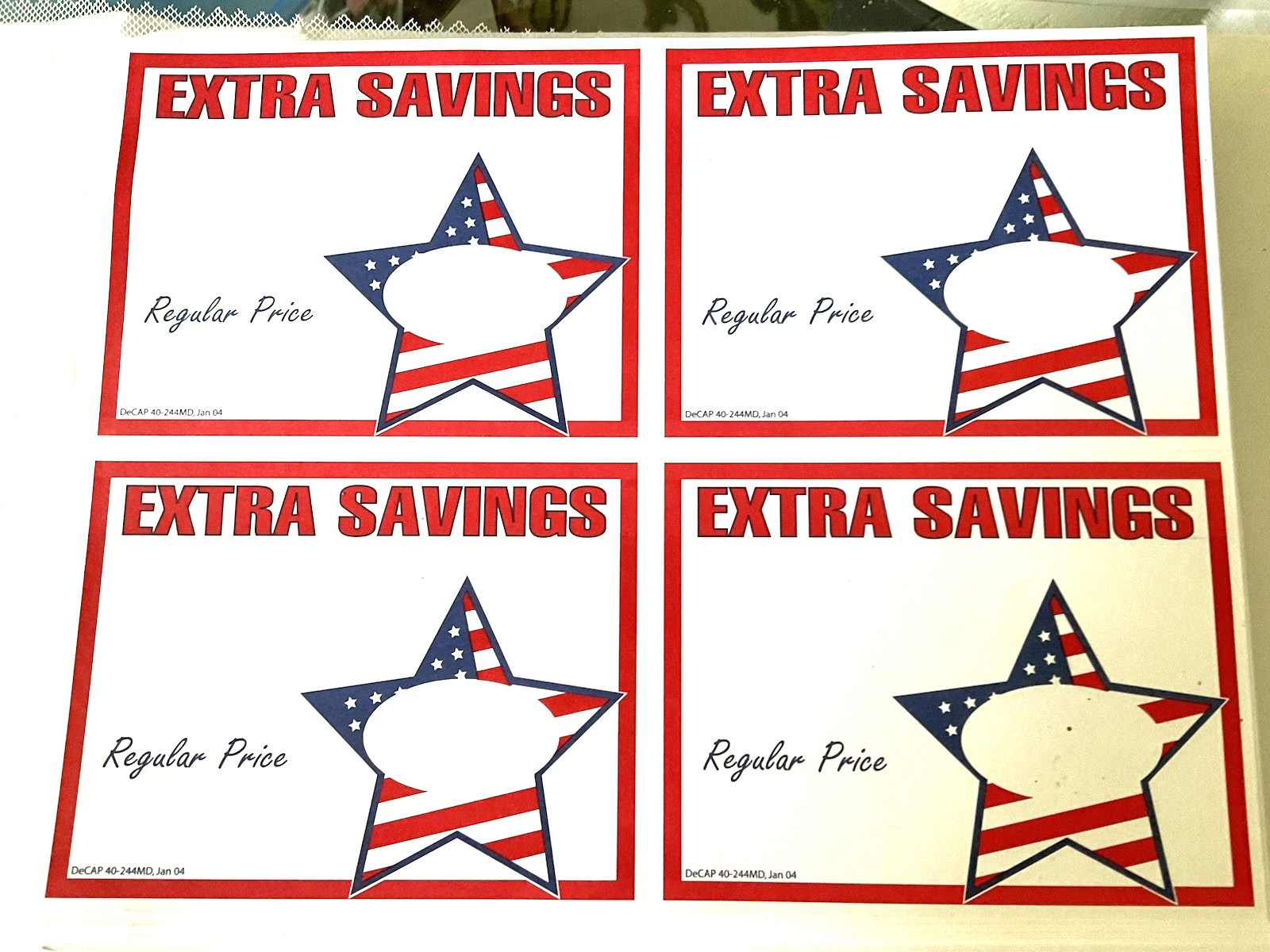 Sale Signs Extra Savings 80 Cards Red White Blue Star 5-1/2″ x 4-1/4″ New