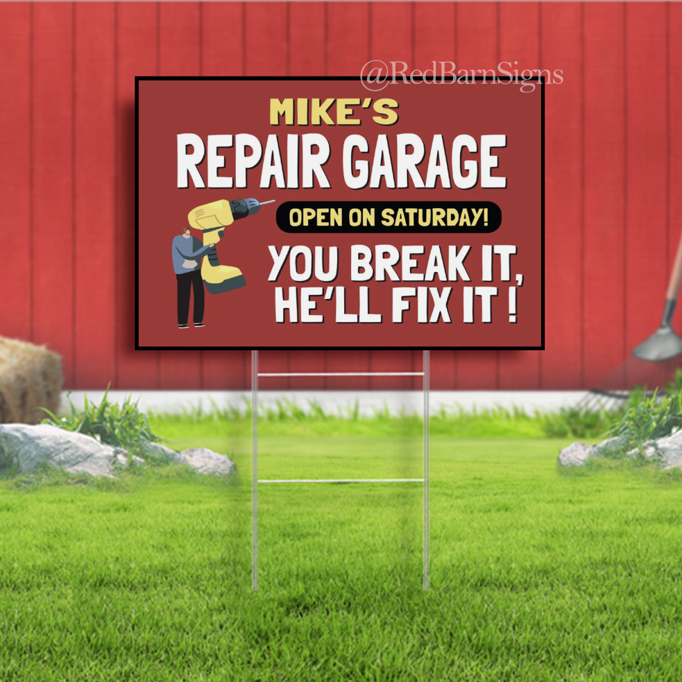 Retro Repair Garage Indoor Outdoor Yard Sign with metal stakes