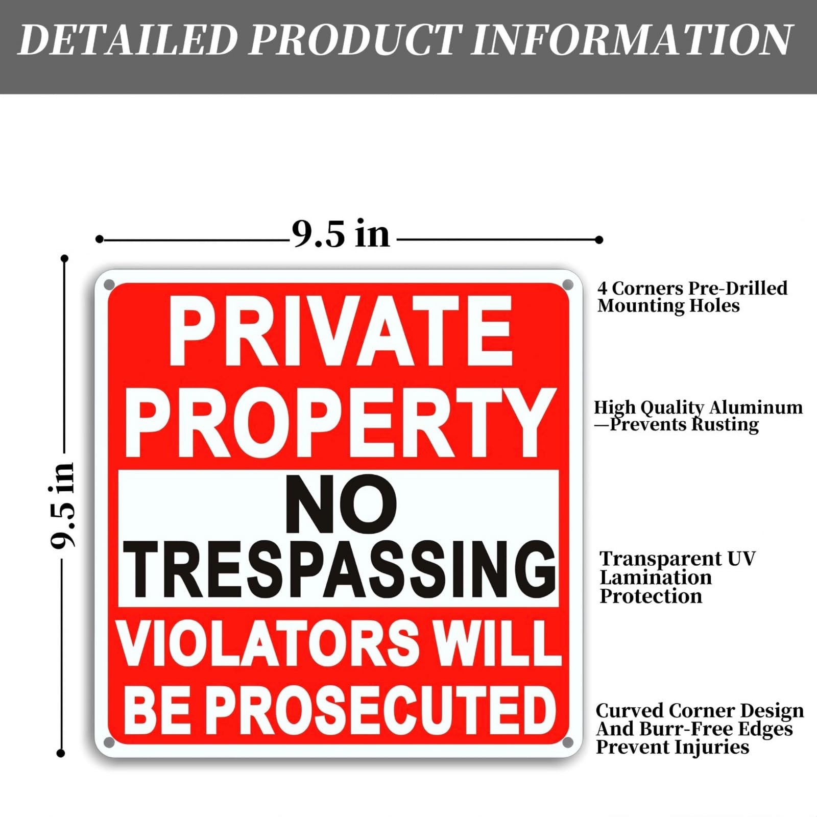 4 Pack Large No Trespassing Signs Private Property, 9.5 Inch X 9.5 Inch Private