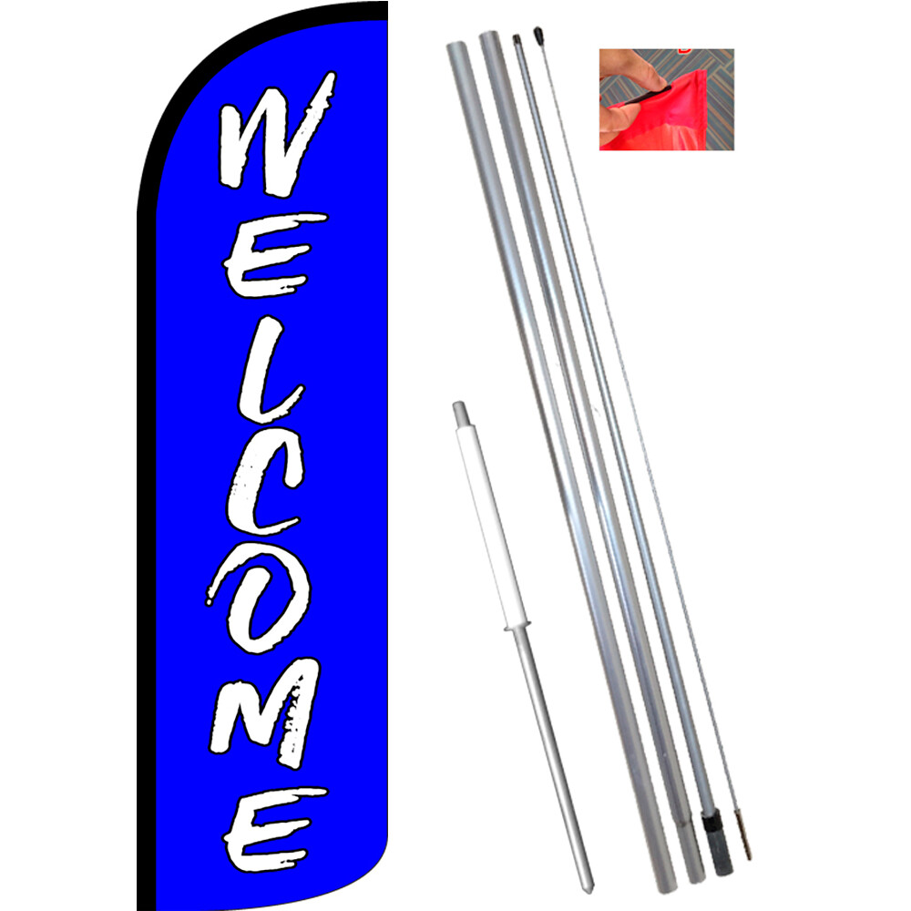 Welcome (Blue) Windless Feather Flag Bundle (Complete Kit) OR Optional Replaceme