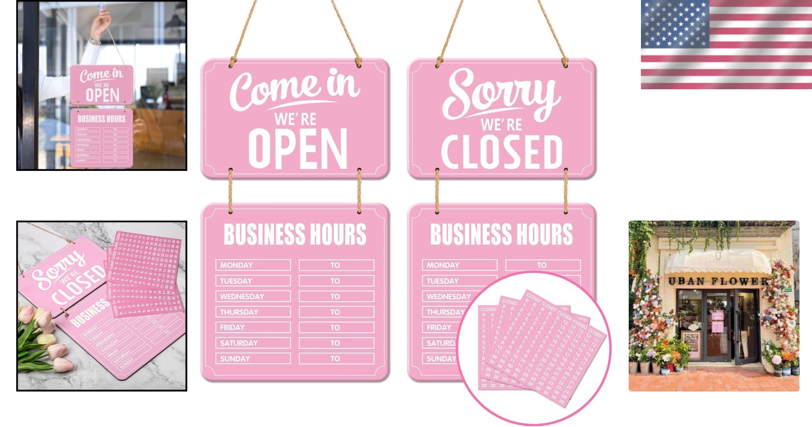 Elegant Pink Wooden Business Hours Sign Set