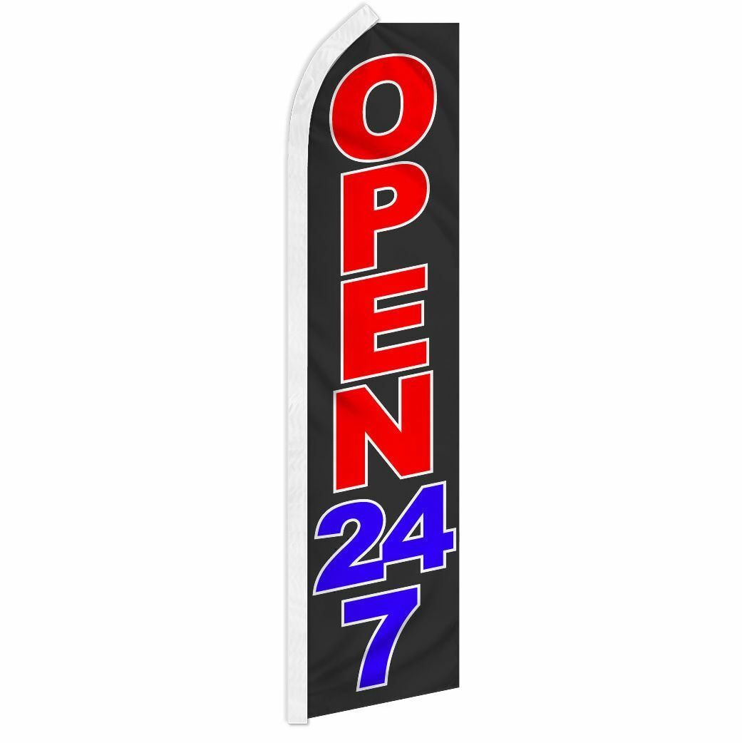 “OPEN 24/7” advertising super flag swooper banner business sign 24 hour abierto
