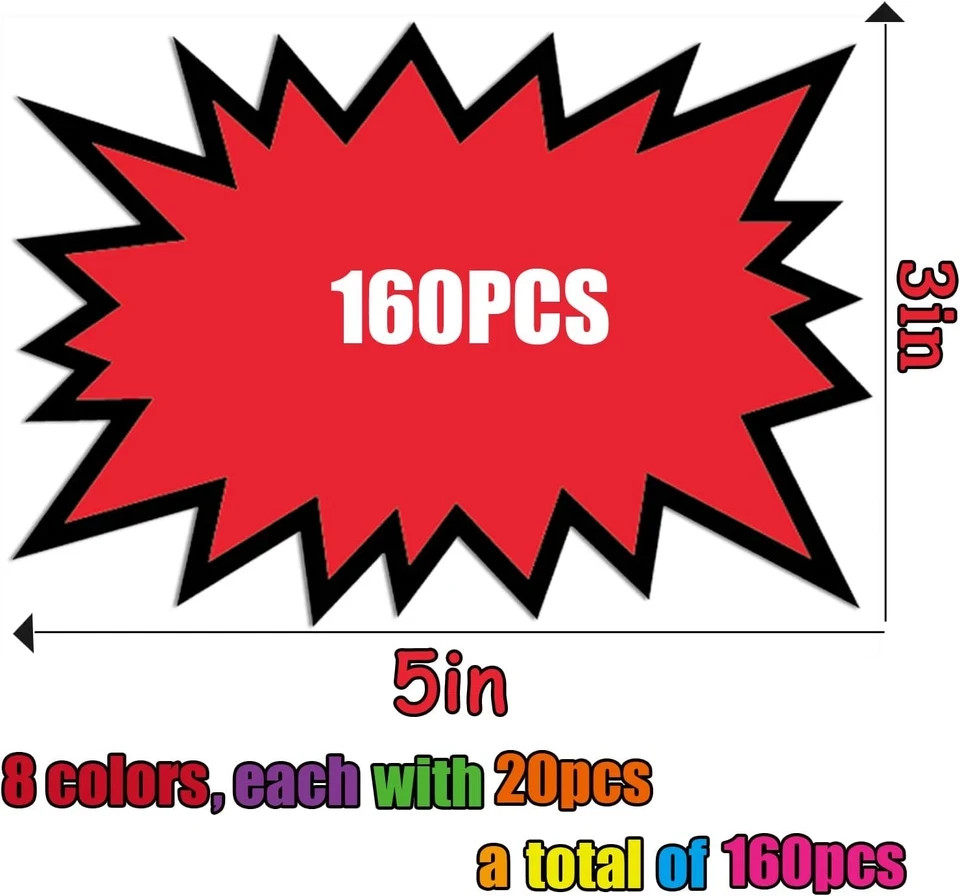 3X5In 160Pcs Fluorescent Neon Signs,Starburst Signs for Retail,Garage Sale Sign,