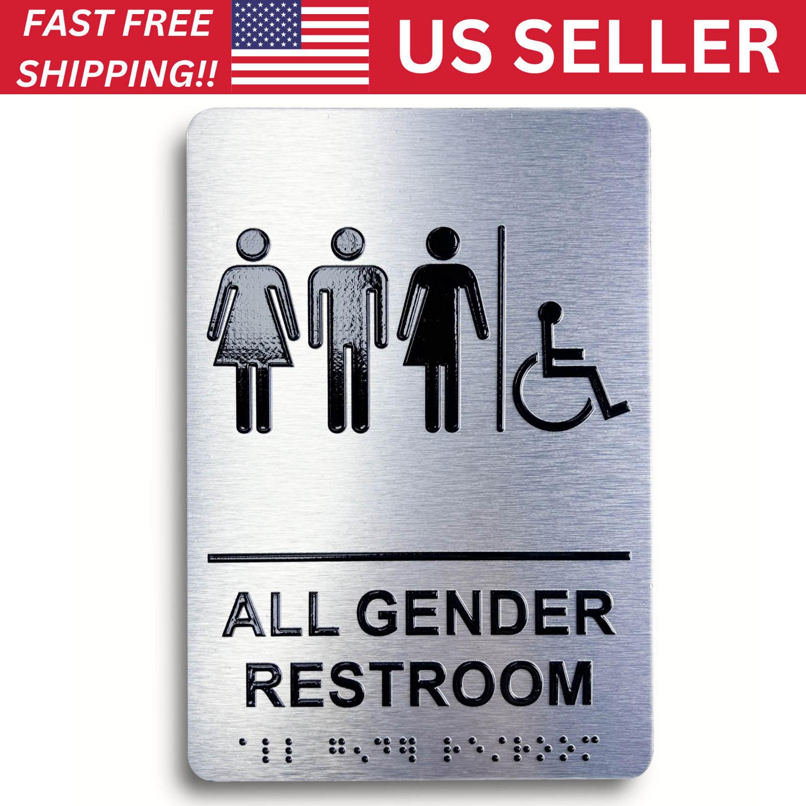 ADA Compliant, Restroom Signs, Brushed Aluminum with Braille text 6″x9″