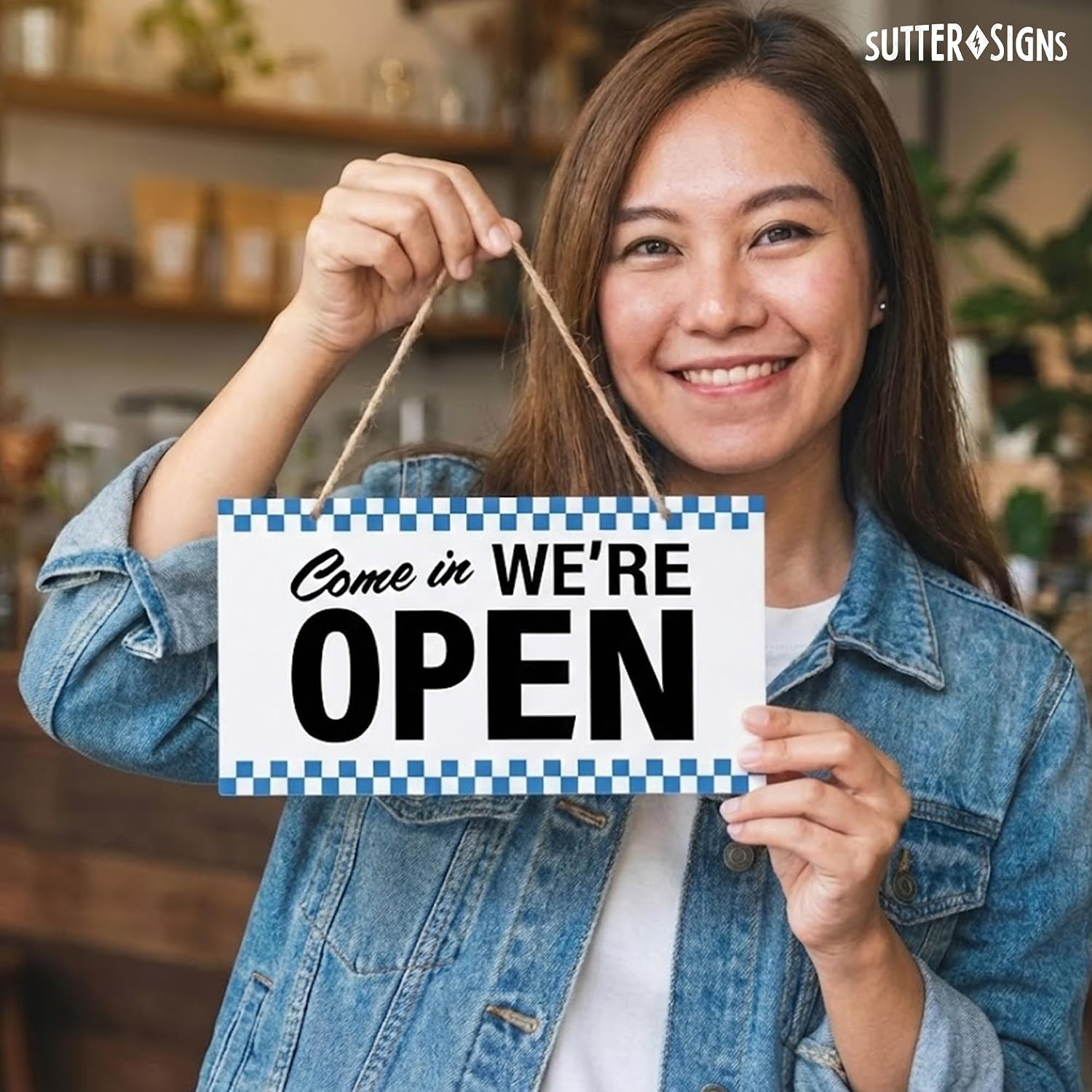 Open Closed Sign for Business, 10″ x 6″ Double Sided Plastic Sign with Twine,…