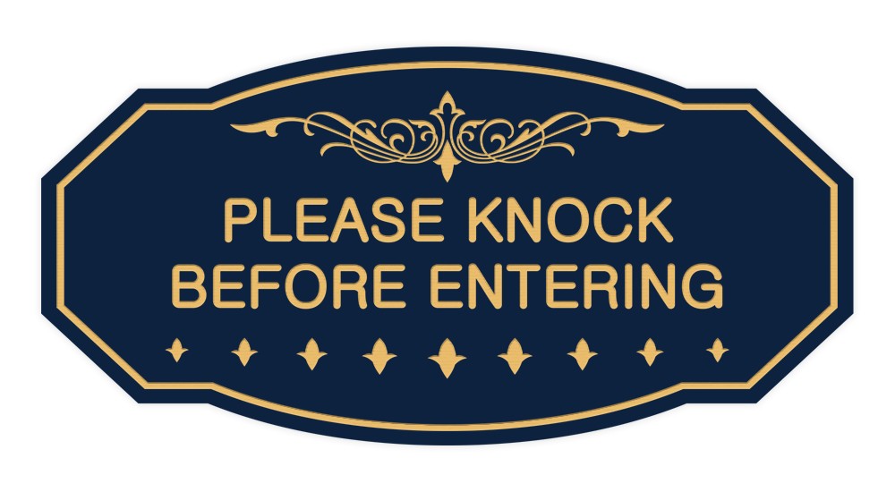 Victorian Please Knock Before Entering Sign (Navy Blue/Gold) – Medium 4″ X 8″
