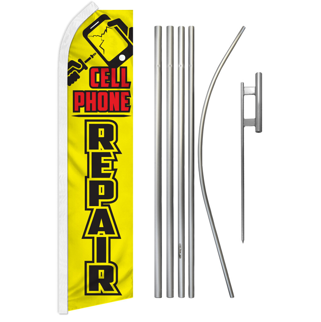 Cell Phone Repair Advertising Swooper Feather Flutter Flag & Pole Kit YW/BLK