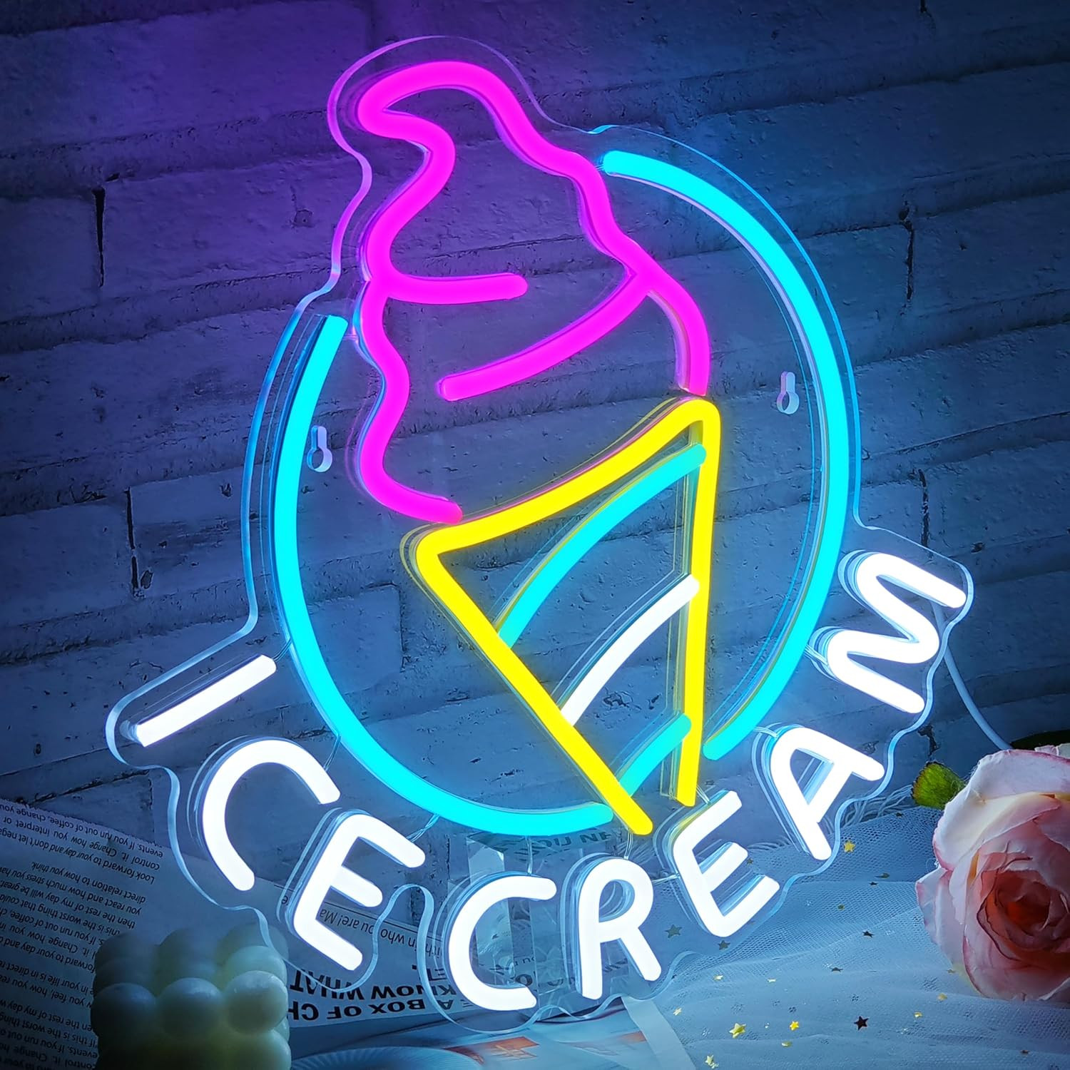 Ice Cream Neon Sign for Wall Decor Dimmable Led Neon Sign for Ice Cream Shop Bir