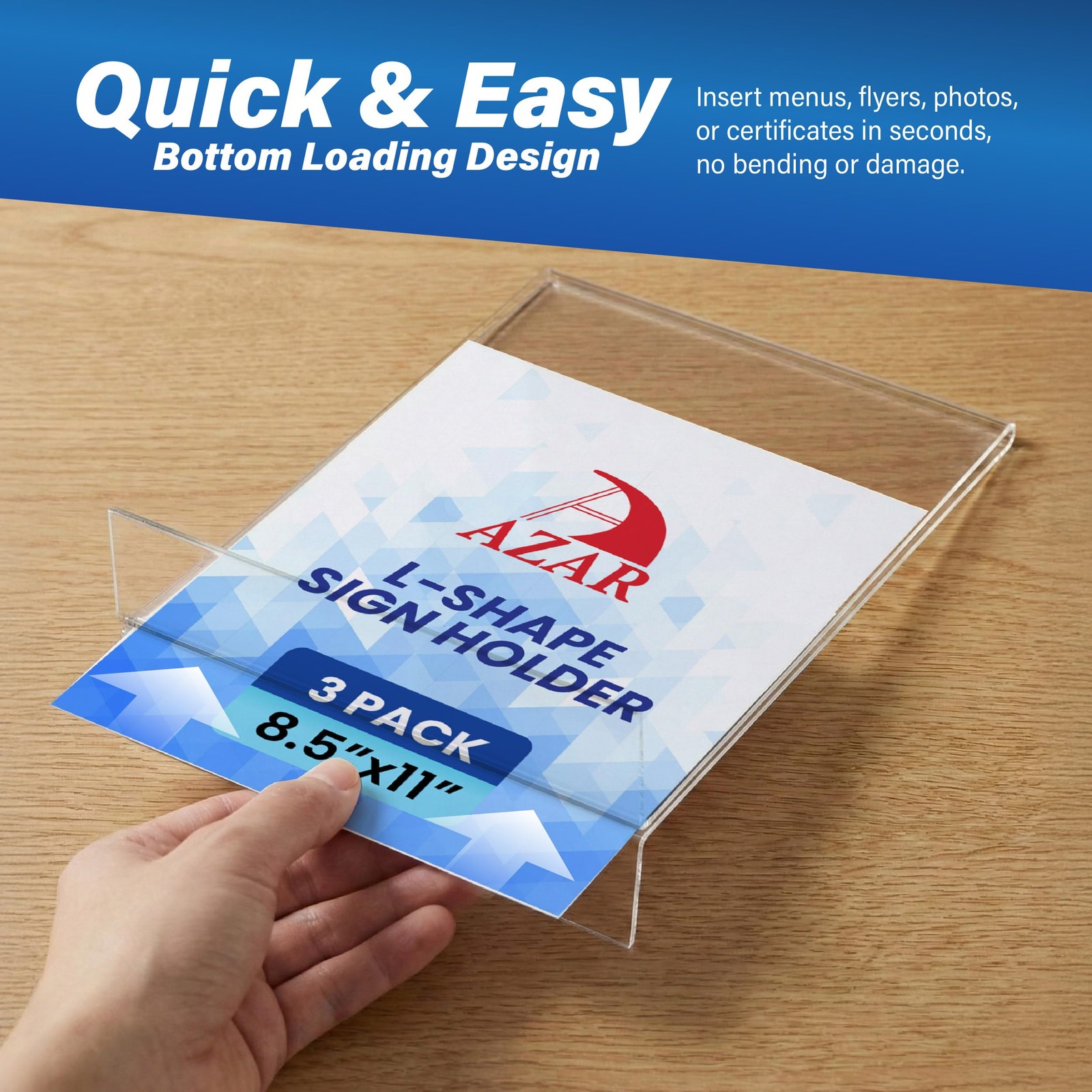 Azar Displays 152430-3PK Bottom Load Sign Holder 8.5×11 – Clear Letter,