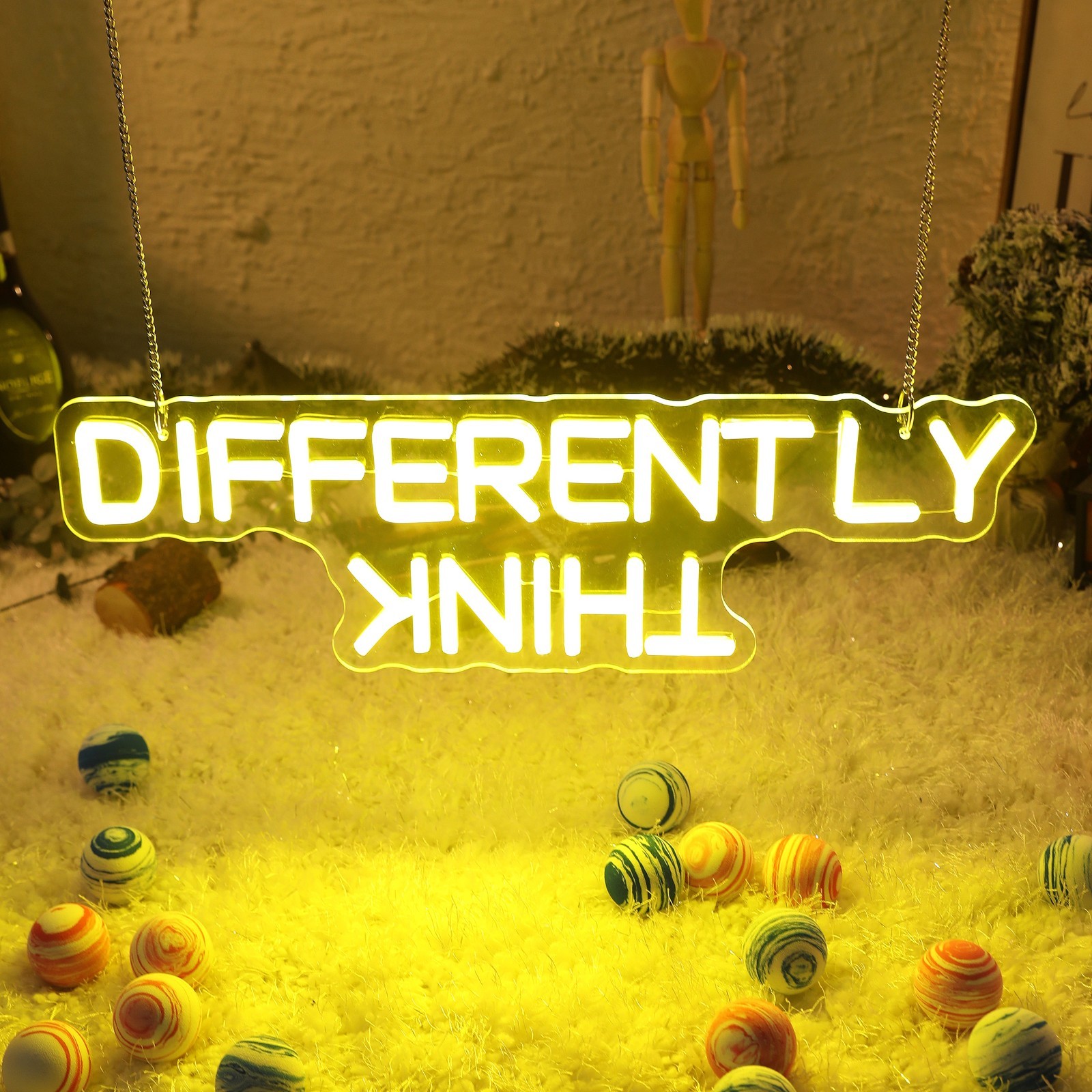 Led Neon Sign “Think Differently” Yellow Light 110V Wall Decor 16.5″ x 5″ Wall