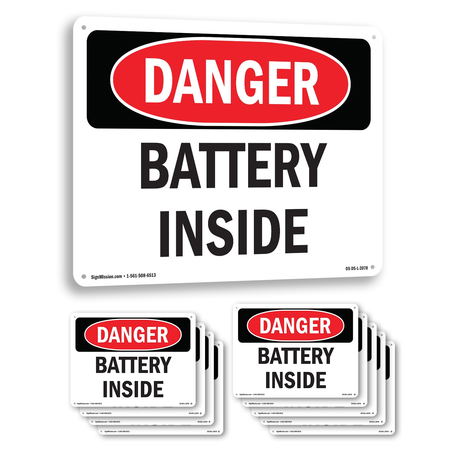 Battery Inside OSHA Danger Sign Metal, Plastic, Or Decal – 5 or 10 Pack
