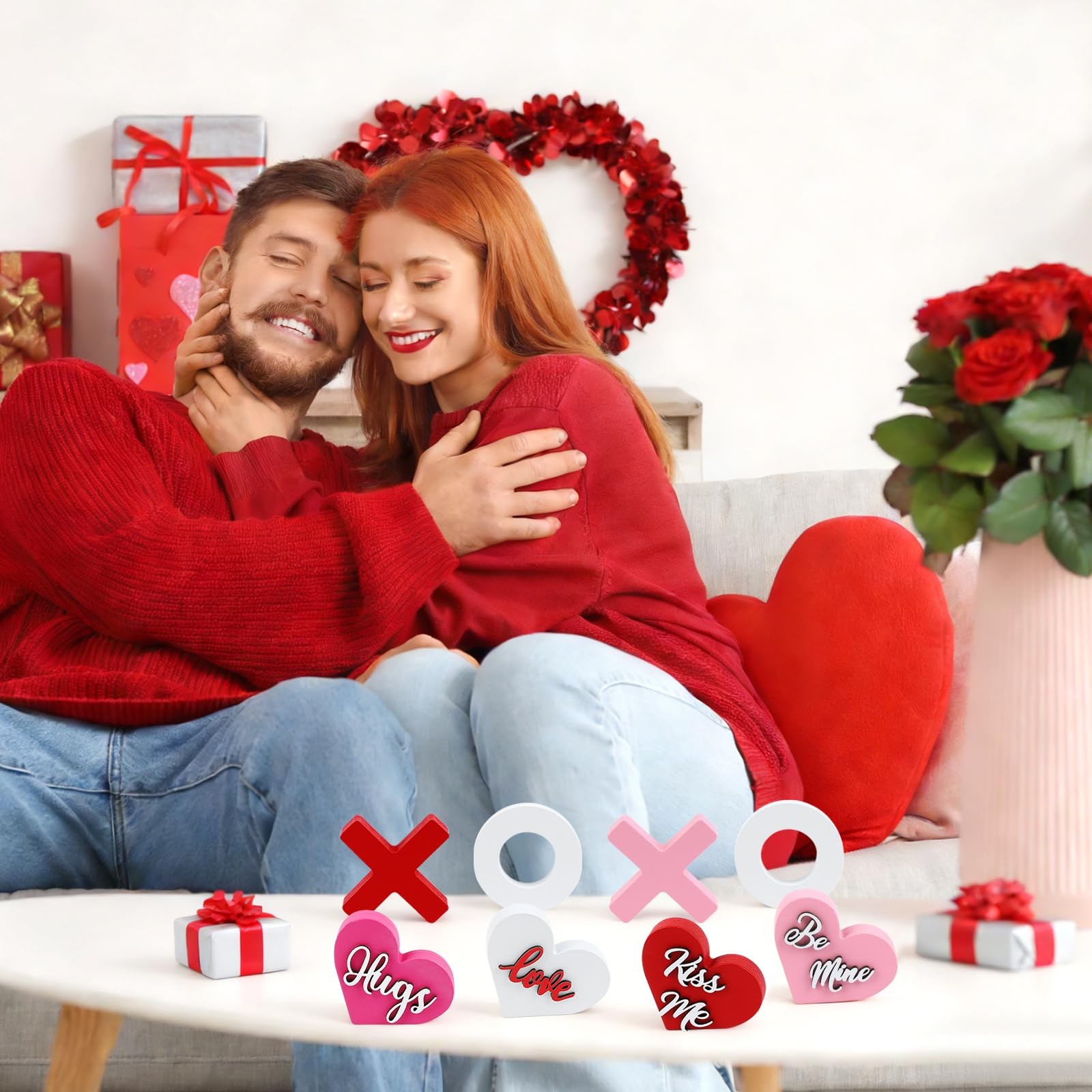8Pcs Valentine’s Day Wooden Heart XOXO Table Signs Valentines Tiered Tray Dec…