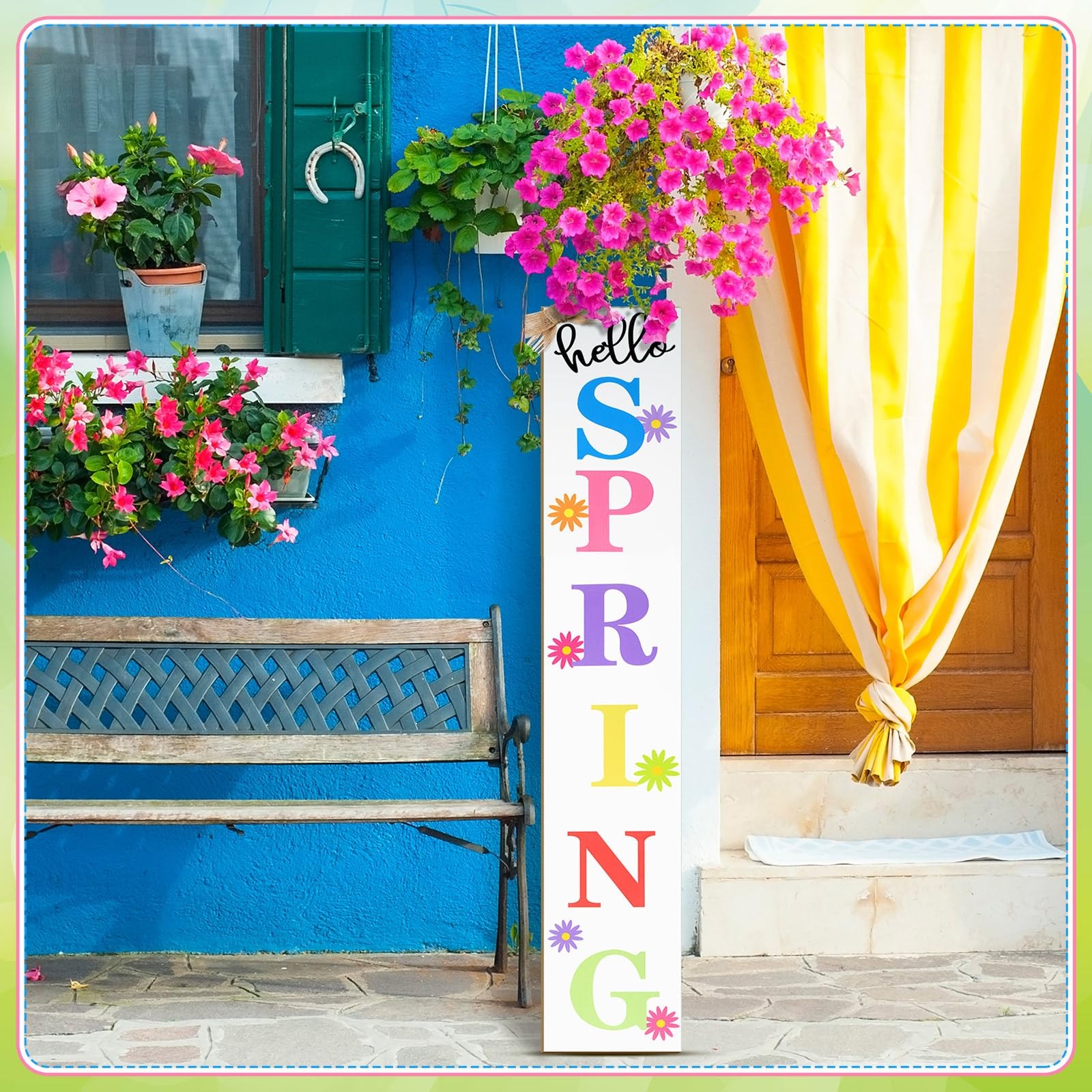 Yerliker Hello Spring Porch Sign Outdoor Decor 47″ Large Welcome Decoration